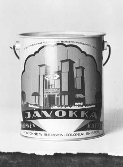 Javokka kaffeboks, med motiv fra landsutstillingen 1928, her kallt 